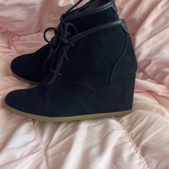 Black Suede Lace Up Wedge Booties - Picture 2 of 5